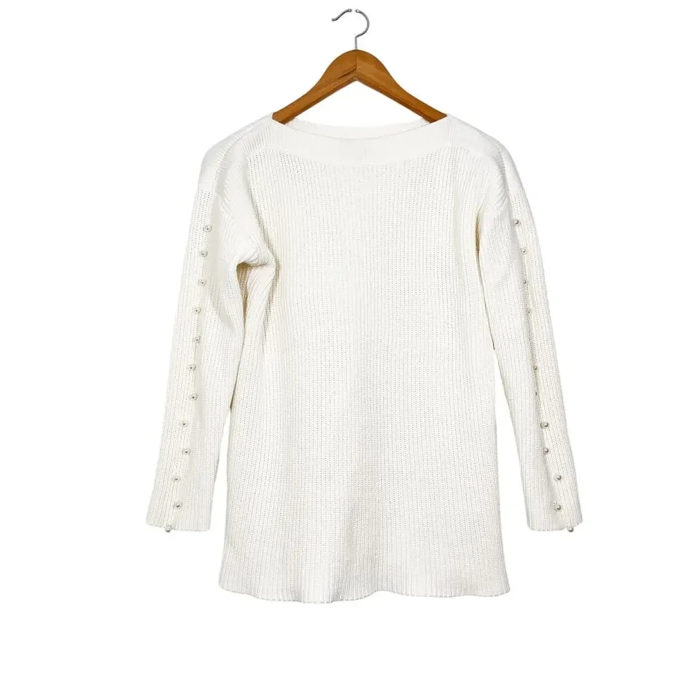 Ann Taylor Cotton‎ Blend White Pearled Sleeves Boat Neck Sz M Pullover Sweater